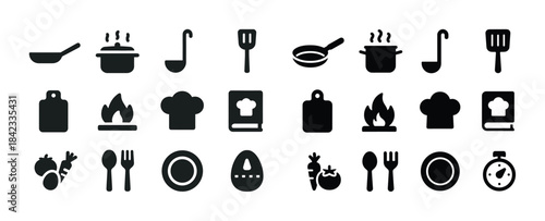 Set of black cooking icons including utensils and food