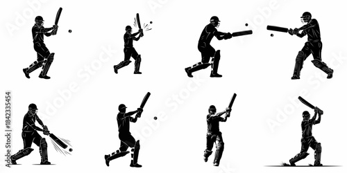 Black silhouette set of cricket batsmen in action poses, swinging the bat and hitting the ball, isolated vector icons for sports design.