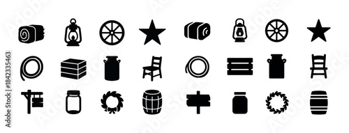 Collection of rustic farmhouse icons including lantern, barrel,