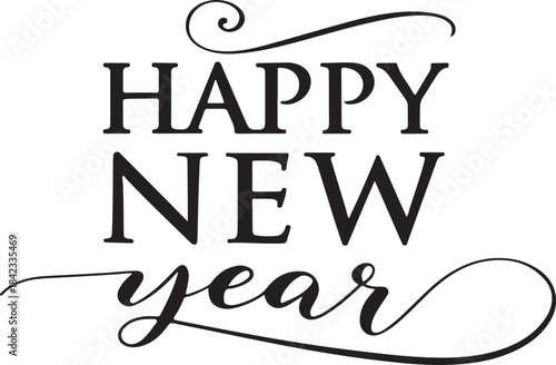 Minimalist elegant New Year banner with refined black script lettering on clean white background featuring flowing cursive flourishes and sophisticated celebratory style