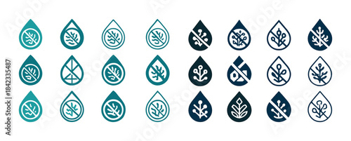 Collection of water drop eco icons with leaf and nature designs