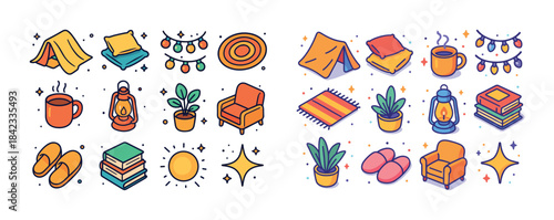 Cozy indoor and outdoor icons collection: tea, books, plants, li