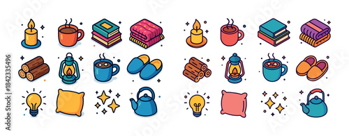 Cozy winter icons featuring candles, hot beverages, books, blank