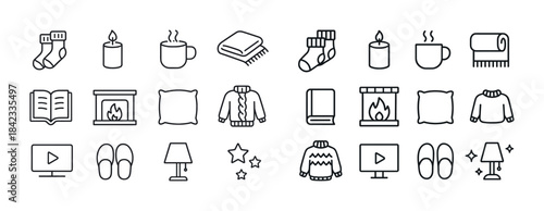 Cozy winter essentials icons: socks, candles, sweaters, fireplac