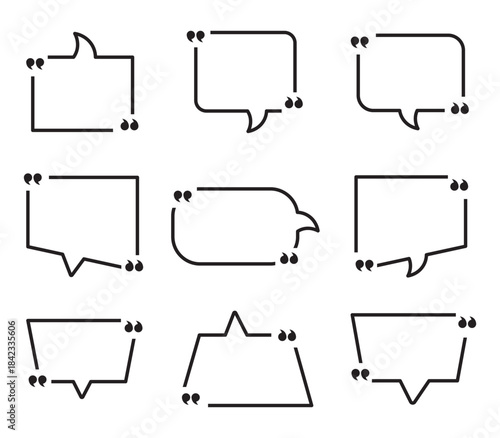 Quote box frame big set. Quotation mark icon collection. Texting quote boxes. Blank template for text, info, design boxes. Quotation bubble for blog quotes symbols. Vector.