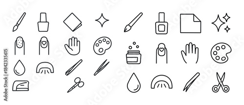 Beauty and nail care icons: brushes, polish, tools, and designs