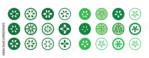 Green cucumber slices with varied seed patterns in row arrangeme