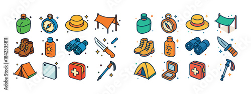 Essential hiking and camping gear icons: binoculars, boots, comp
