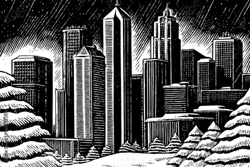 Atlanta is drawn with snowy skyline views, tall buildings, soft pencil outlines, and light winter shading illustrating an uncommon snowy moment in the warm southern city