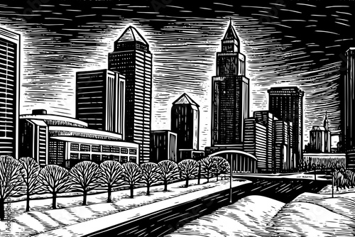 Atlanta is drawn with snowy skyline views, tall buildings, soft pencil outlines, and light winter shading illustrating an uncommon snowy moment in the warm southern city