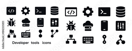 Developer tools icons: code, gear, terminal, database, bug