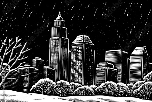 Atlanta is drawn with snowy skyline views, tall buildings, soft pencil outlines, and light winter shading illustrating an uncommon snowy moment in the warm southern city