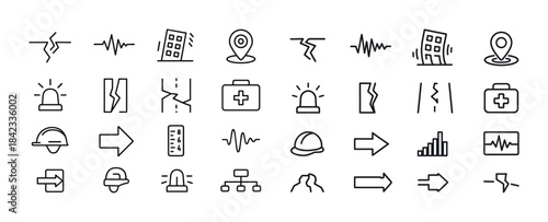 Earthquake emergency icon set featuring disaster, safety, and lo