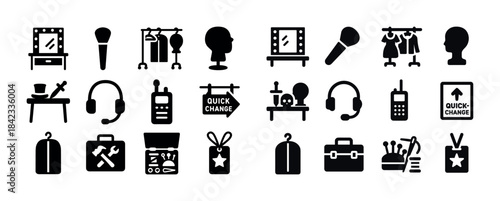 Collection of theater and fashion icons representing makeup, cos