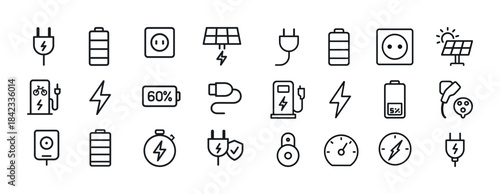 Electricity and energy icons: solar, batteries, charging, plug,