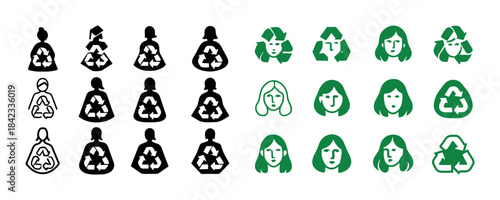 Diverse recycling icons: silhouettes and faces in black and gree