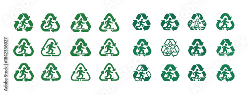 Diverse green recycling symbol variations collection in rows