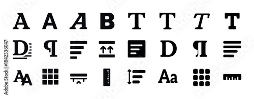 Typography icons collection: alphabet, text formatting, and alig