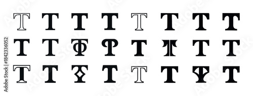 Diverse styles of the letter t in bold and outline typography de