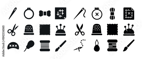 Set of sewing and craft icons featuring needles, scissors, and t