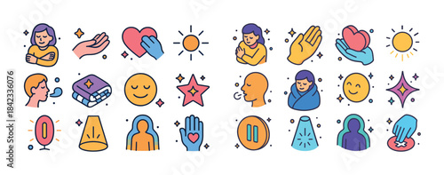 Colorful emotional symbols and wellness icons with diverse peopl