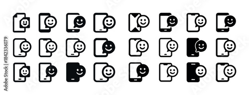 Set of phone and tablet icons with smiley faces in black and whi