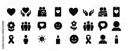 Set of love and support symbols: heart, hands, hug, ribbon, grou