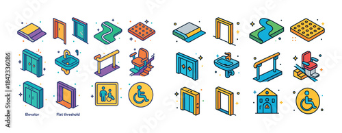 Accessible design icons: elevators, ramps, wheelchair signs, inc