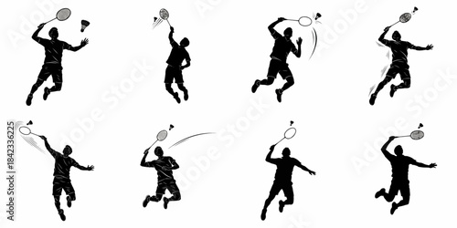 Badminton player action silhouette set: collection of competitive athletes performing smashes, serves, and jumps with rackets and shuttlecocks, isolated on white background.
