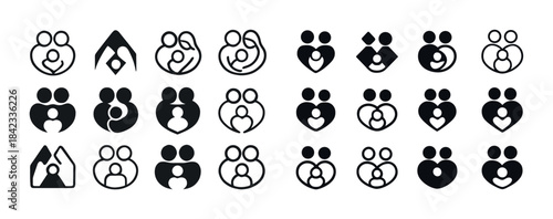 Diverse family icon set featuring parent-child silhouettes
