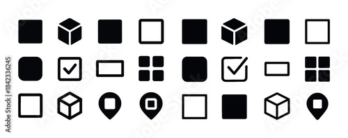 Collection of geometric black and white icons: squares, cubes, c