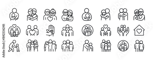 Family and care icons: embracing, supporting, and caring line ar