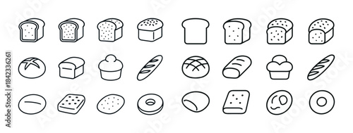 Outline icons of various bread types featuring loaves, rolls, an