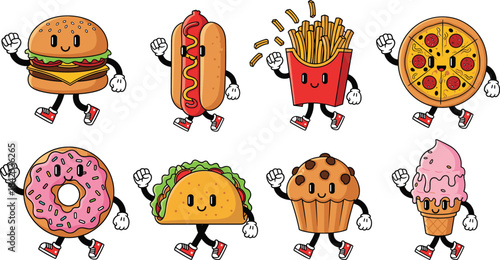 Funny Retro Cartoon Fast Food Characters Set. Vintage Mascot Collection with Burger, Pizza and Hot Dog.