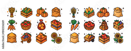 Colorful harvest icons: vegetables, fruits, and grains in crates