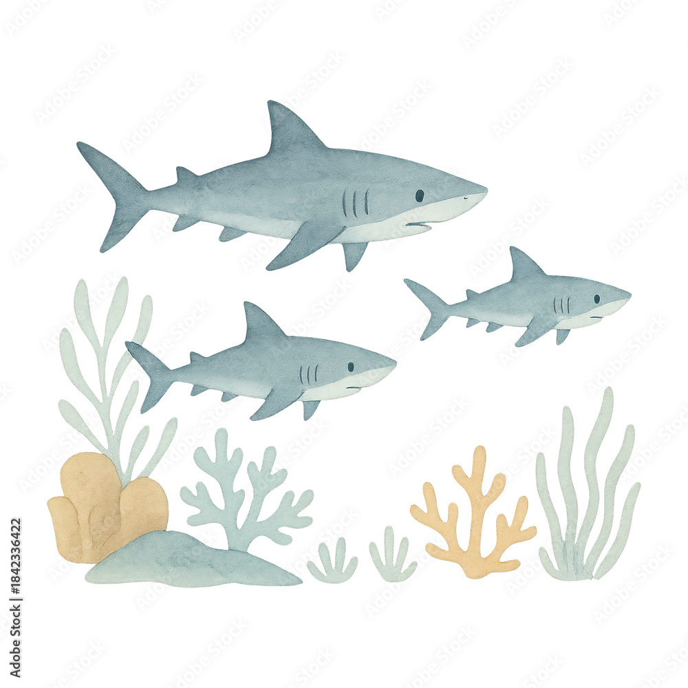 Obraz premium PNG Watercolor sharks swimming gracefully.