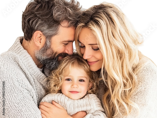 Heartwarming Family Portrait Capturing Love, Joy, and Togetherness in a Cozy Setting with Embracing Parents and a Smiling Child in Sweaters, png, isolated on transparent background