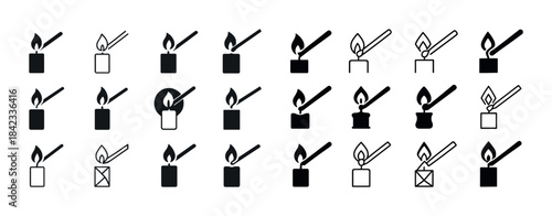 Set of 25 black and white minimalist lighter icons in various st