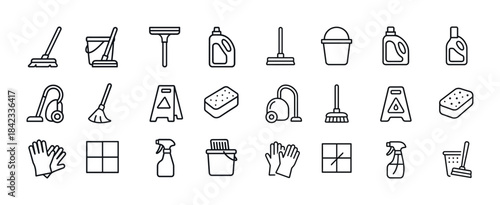 Cleaning tools and supplies icon set with mop, bucket, detergent