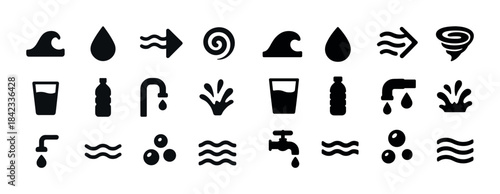 Collection of water-related icons including wave, drop, and fauc