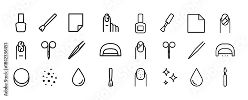 Nail care icons: manicure tools, polish, scissors, file, nail ar