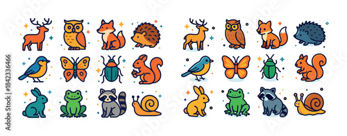 Colorful cartoon animals collection: deer, owl, fox, hedgehog, b