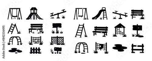 Silhouette icons of playgrounds with swings, slides, and benches