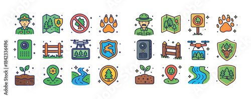 Colorful park ranger icon set with maps and nature elements