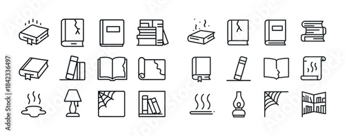 Collection of book and reading icons in minimalist line art styl