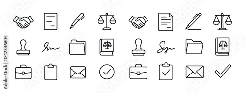 Legal and business icons: handshake, document, pen, stamp, scale