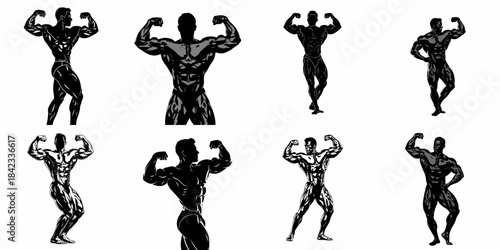 Collection of eight dynamic black and white vector illustrations depicting professional bodybuilders flexing and posing their powerful, defined muscles on a white background.