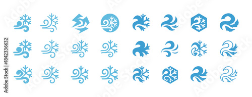 Collection of blue winter-themed icons with snowflake and wind d