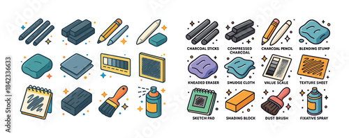Art supplies: charcoal sticks, erasers, brushes, spray, and tool