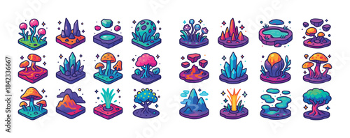 Colorful fantasy terrain tiles with various biomes and magical e